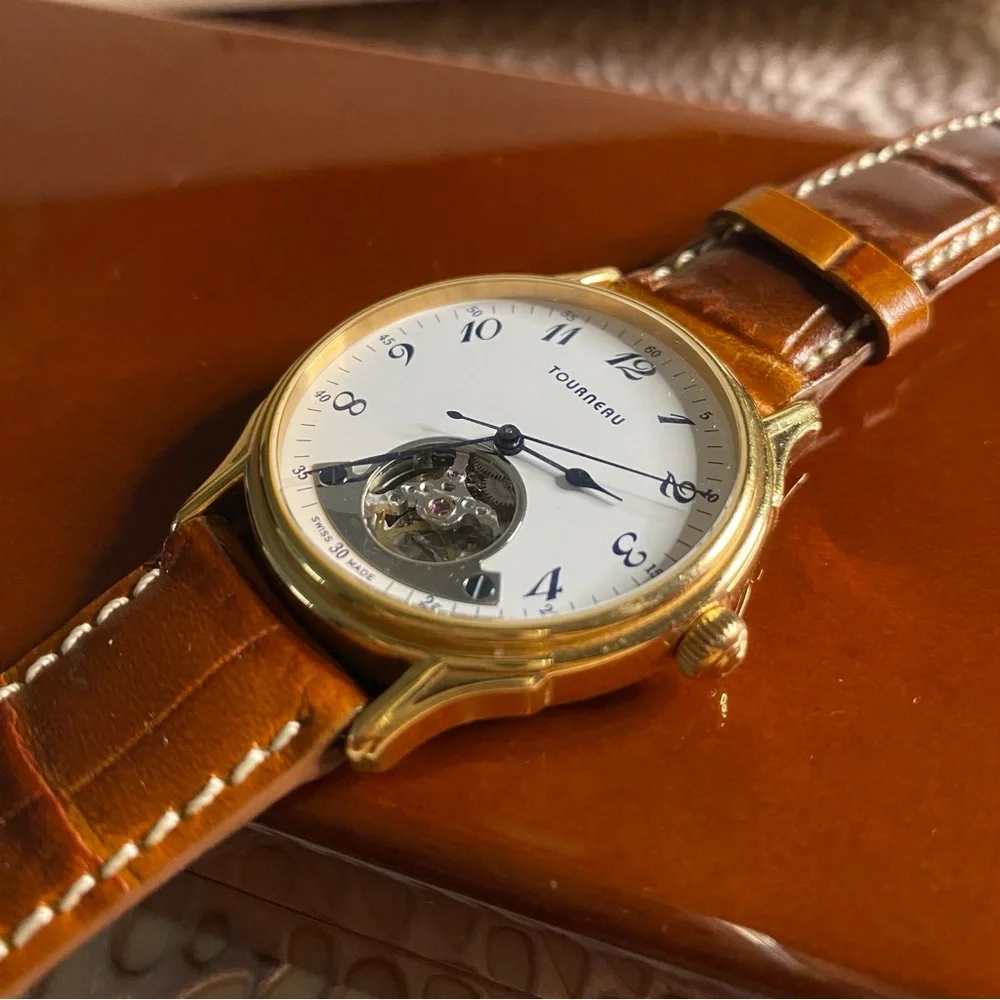 Tourneau 18K Gold Open Heart Brown Leather Watch Vintage 30022